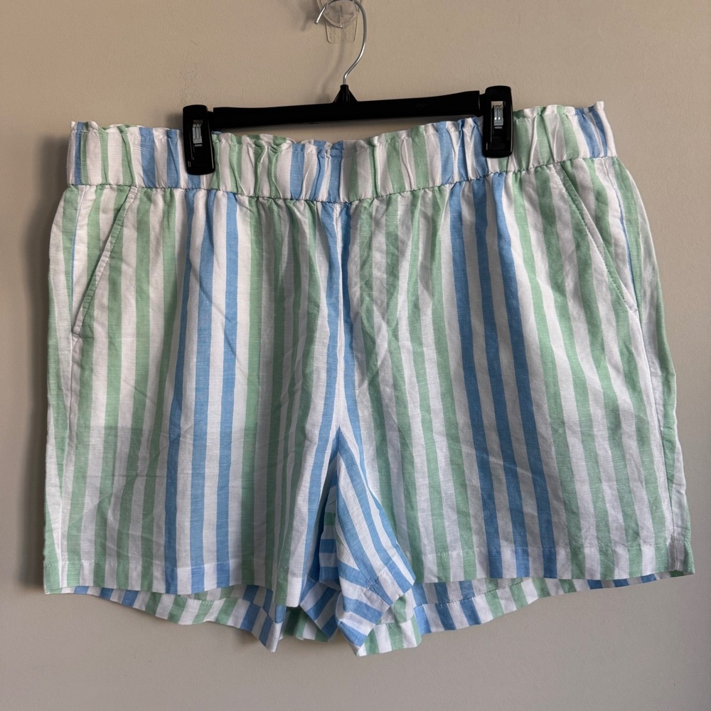 Talbots Women 2XP Plus Petite Blue Green Striped Linen Cotton Pull On Shorts NWT
